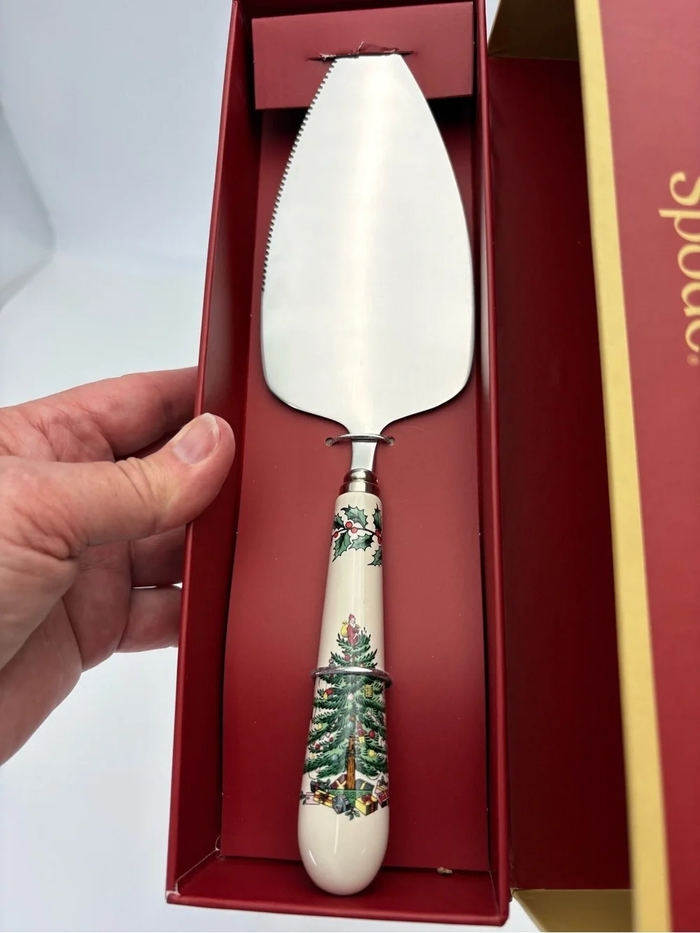 New in Box Spode Christmas Tree Cake Server with Green Tree Motif